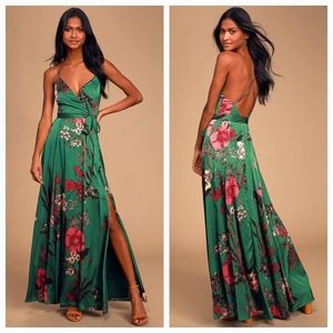 Lulu's Still the One Emerald Green Floral Print Satin Maxi Dress NWT